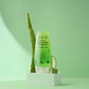Lieve Care Aloe Vera Face Wash in a green bottle with aloe vera leaves on a light green background