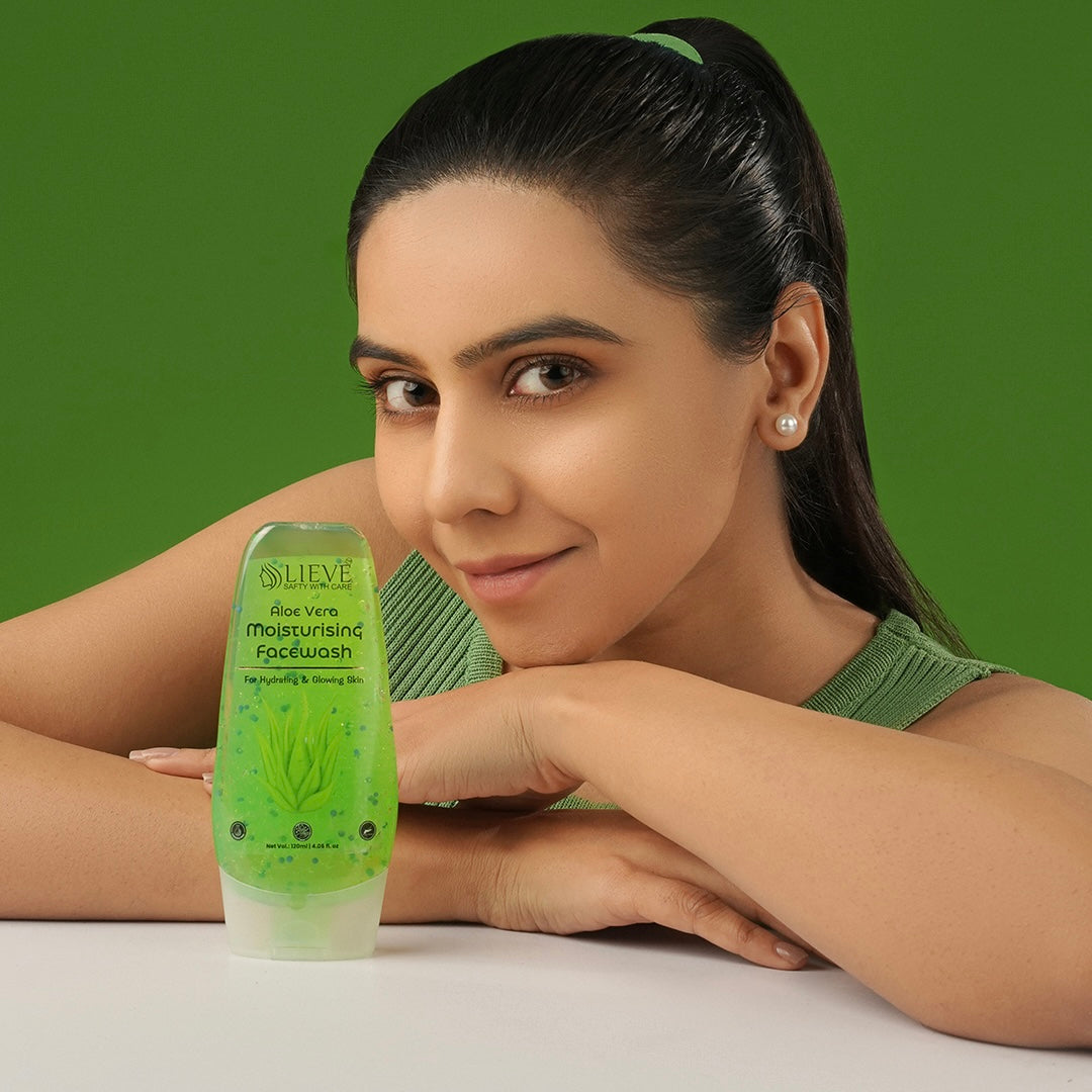 Lieve Care Aloe Vera Face Wash in a green bottle for moisturizing and refreshing skin care