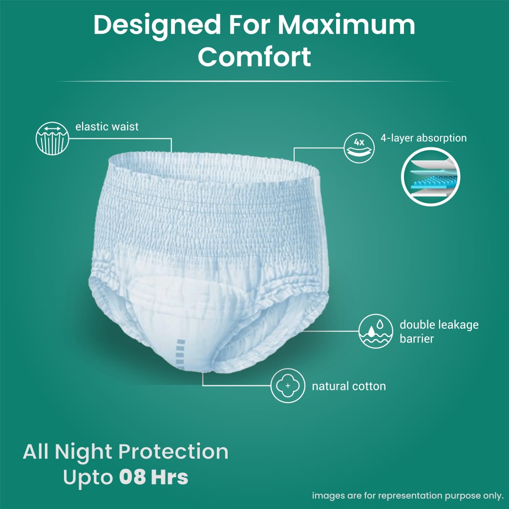 Lieve Care high absorbency adult diaper pants with elastic waist and double leakage barrier for all night protection