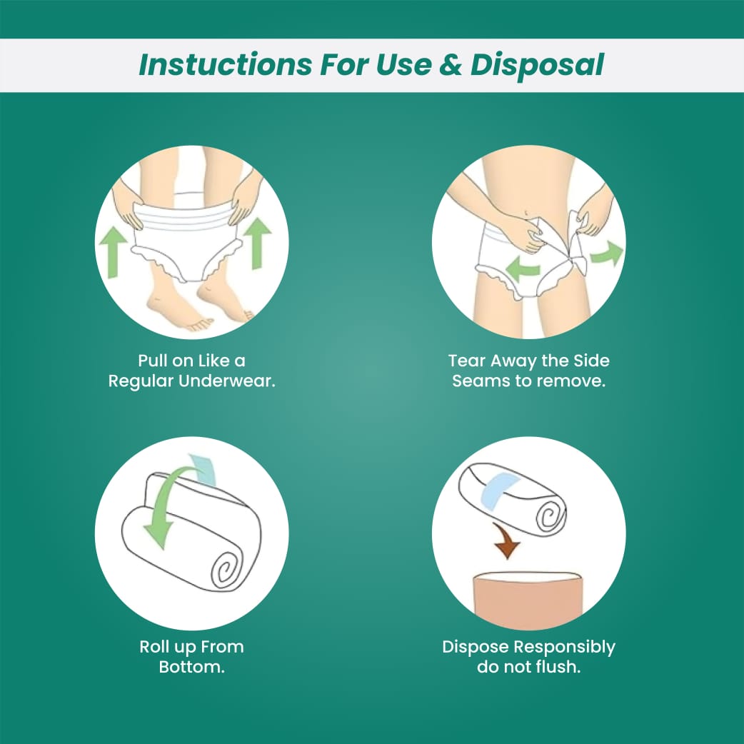 Instructions for use and disposal of high absorbency adult diaper pants by Lieve Care