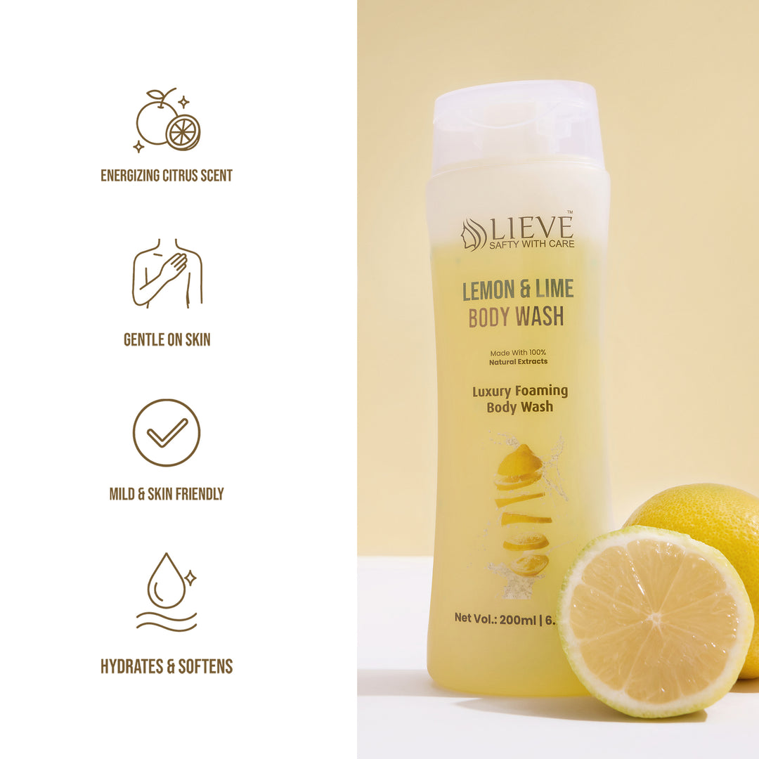 Lieve Care Luxury Lemon Lime Body Wash in a clear bottle with a refreshing citrus scent